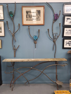 Lot 33 - A wrought bronze and steel hall stand and wall...