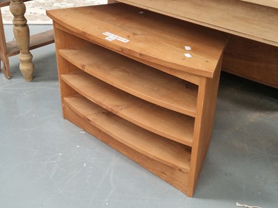 Lot 127 - A vintage oak bow front three shelf media...