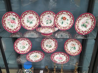 Lot 565 - A Victorian claret rimmed dessert set painted...