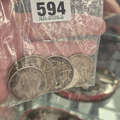 Lot 594 - Coins; a George II sixpence, an 1890 double...
