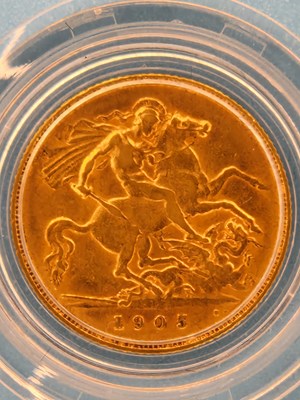 Lot 2806 - A 22ct gold half sovereign dated 1905,...