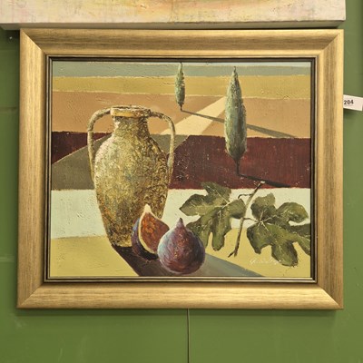 Lot 204 - R Wilcox, amphora and figs against a landscape...