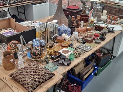 Lot 651 - Oriental figures, glass floats, a bookslide,...