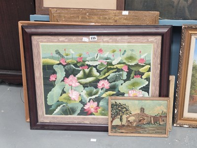 Lot 235 - A silkwork picture of lotus flowers, a small...
