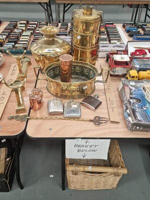 Lot 699 - Three hip flasks, a nest of brass food...