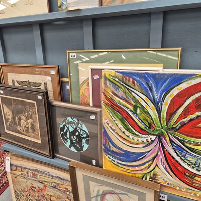 Lot 243 - A colourful abstract work on canvas, batik...