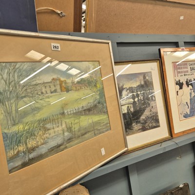 Lot 262 - A pastel landscape and three decorative prints...