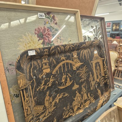 Lot 263 - A Japanese style black and gold tin tray, a...