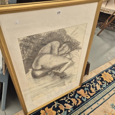 Lot 272 - A large charcoal drawing of a reclining nude,...