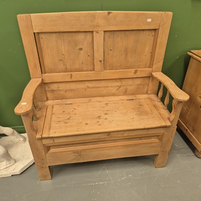 Lot 302 - A panel back pine box settle of pegged...