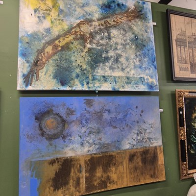 Lot 369 - Two large abstract works on canvas, a bird and...