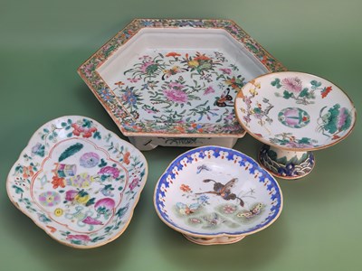 Lot 1829 - Three various Canton dishes raised on feet...