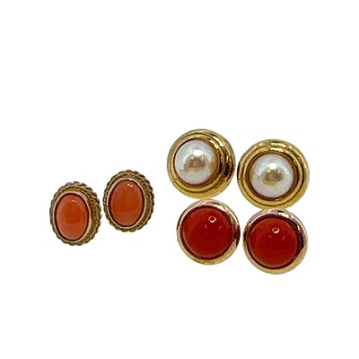 Lot 57 - Three pairs of unhallmarked gold earrings...