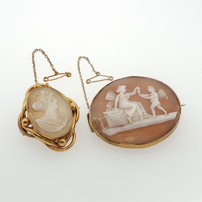 Lot 80 - Two antique shell cameo brooches comprising: a...