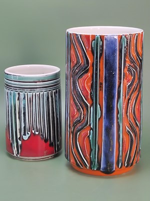 Lot 1866 - Two Poole pottery cylindrical vases with...
