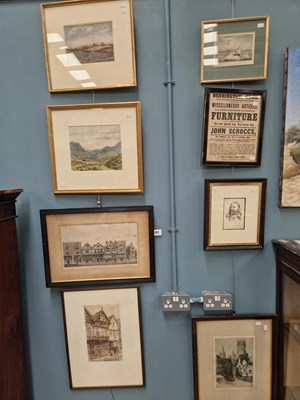 Lot 251 - Two landscape watercolours, three etchings of...