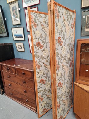 Lot 273 - A threefold pine screen stretched with an...