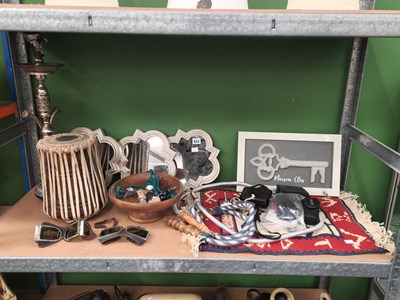 Lot 523 - A hookah pipe, mirrors, goggles, a tribal drum,...