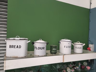 Lot 545 - Three white enamel 'Flour' bins, another for...