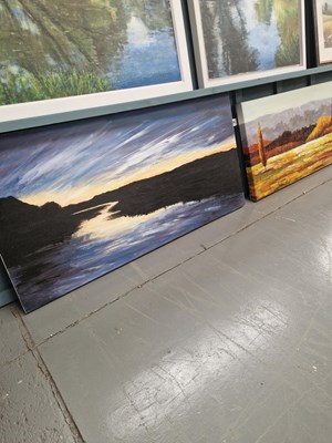 Lot 334 - Two landscape works on canvas: an autumn scene...