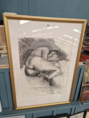 Lot 335 - A large charcoal drawing of a reclining nude,...