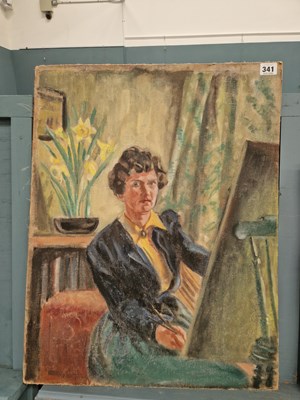 Lot 341 - A (self) portrait of a woman at her easel,...