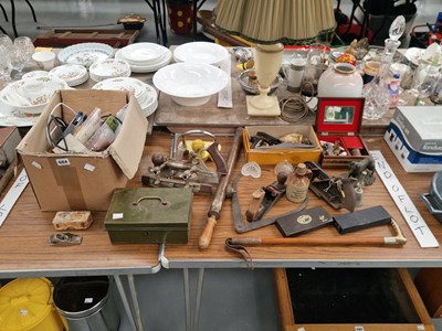 Lot 684 - Wood planes, a strong box, a hand pump,...