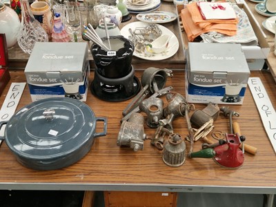 Lot 686 - Two boxed fondue sets, a grey enamelled iron...