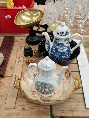 Lot 690 - A set of scales and weights, two coffee pots,...