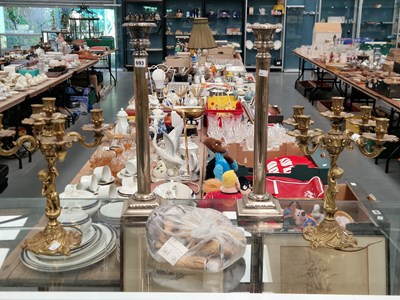 Lot 693 - A pair of ormolu five light candelabra,...
