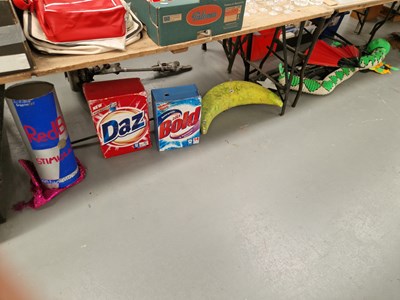 Lot 697 - Shop and stage props: soap powders, Red Bull,...