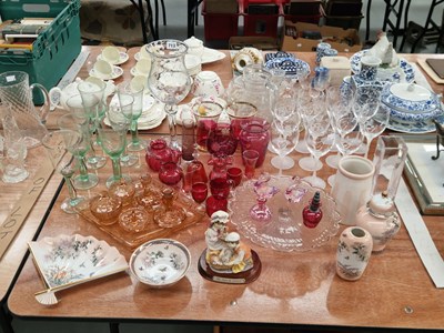 Lot 713 - Drinking glasses, a pink glass dressing table...