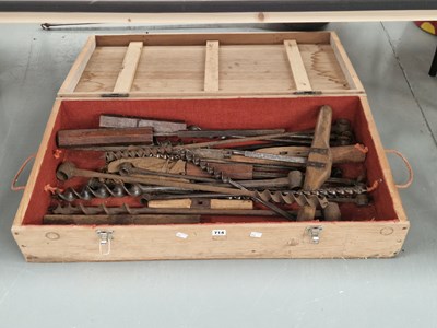 Lot 714 - A chest of augurs and T-bar hand operated wood...