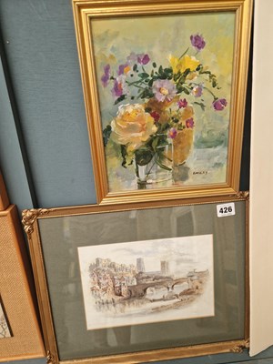 Lot 426 - Emsley, still life with flowers, acrylic on...