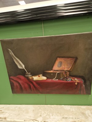 Lot 432 - Still life with jewellery box and quill, oil...