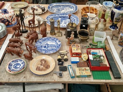 Lot 794 - Wooden animals, a miner's lamp, an oil lantern,...