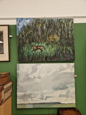 Lot 443 - Two large unframed acrylic works on canvas;...