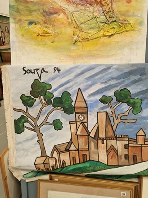 Lot 237 - An unframed canvas depicting a village centred...