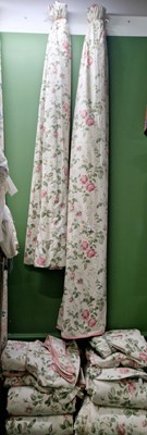 Lot 21 - Interlined curtains: pink roses with green...