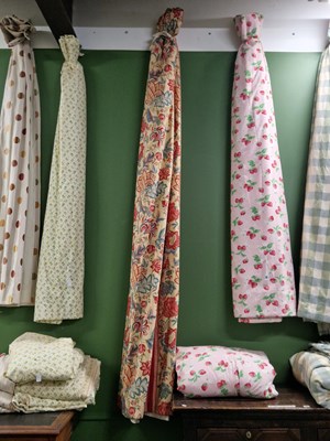 Lot 25 - Interlined curtains, red flowers with blue...