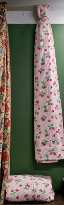 Lot 26 - Interlined curtains, strawberries on a pink...