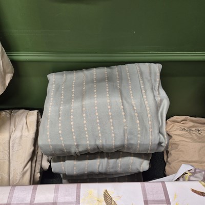 Lot 29 - Interlined curtains, vertical cream beaded...
