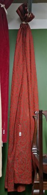 Lot 32 - Interlined curtains, red ground with brown...