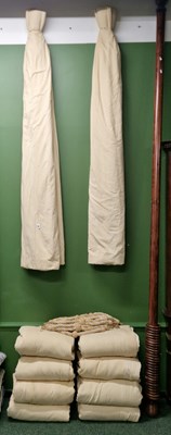 Lot 35 - Interlined curtains, cream with random damask...