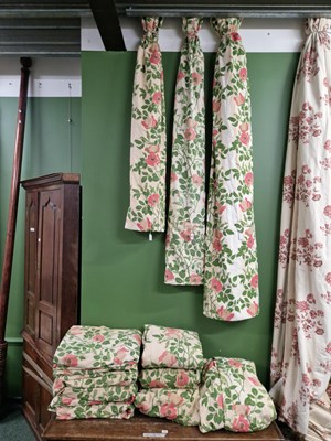 Lot 36 - Interlined curtains, red roses with green...