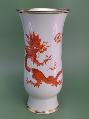 Lot 1876 - A Meissen vase decorated in red with a dragon...