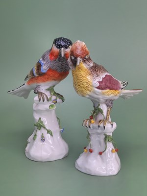 Lot 1888 - A pair of Thuringian exotic birds perched on...