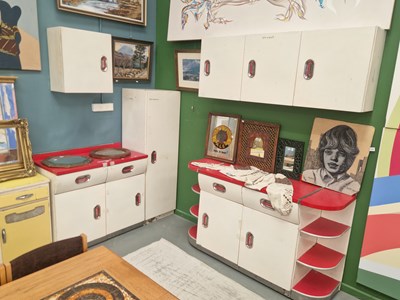 Lot 75 - A retro white metal and red formica kitchen...